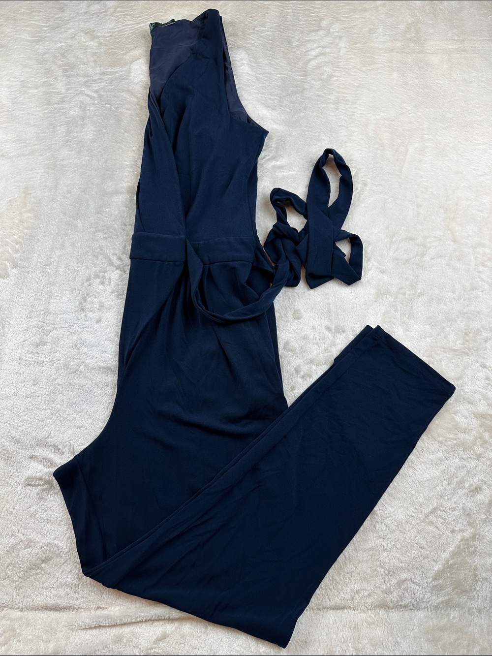 Lauren Ralph Lauren Size L Navy Sleeveless Belted Jumpsuit Tie Waist | Formal